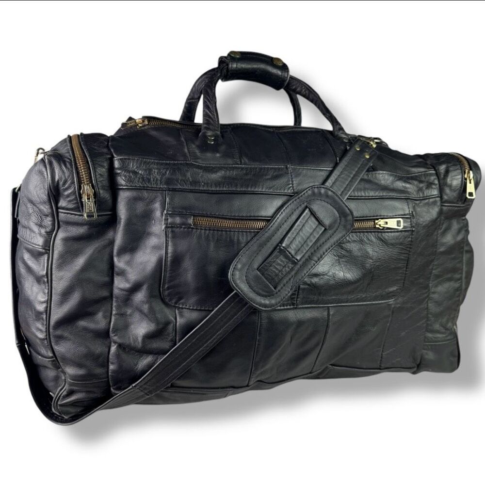 Vintage 80s 90s Y2K Duffel Travel Overnight Bag Weekender Black Leather Denim - Picture 2 of 11